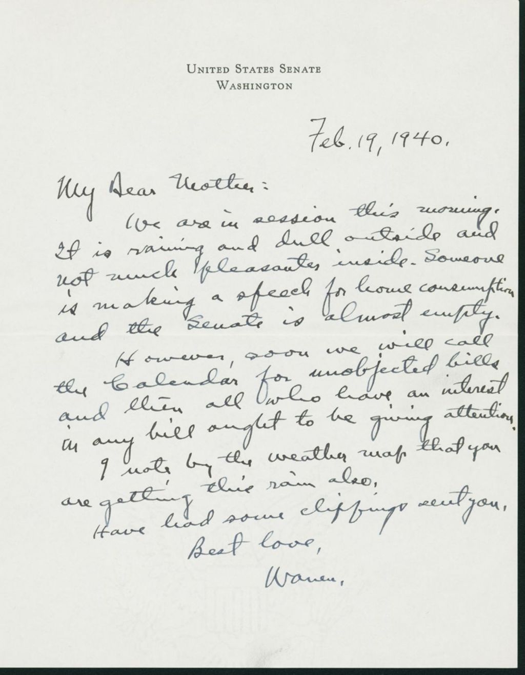 Miniature of Letter to Mrs. C.G. (Ann) Austin, February 19, 1940