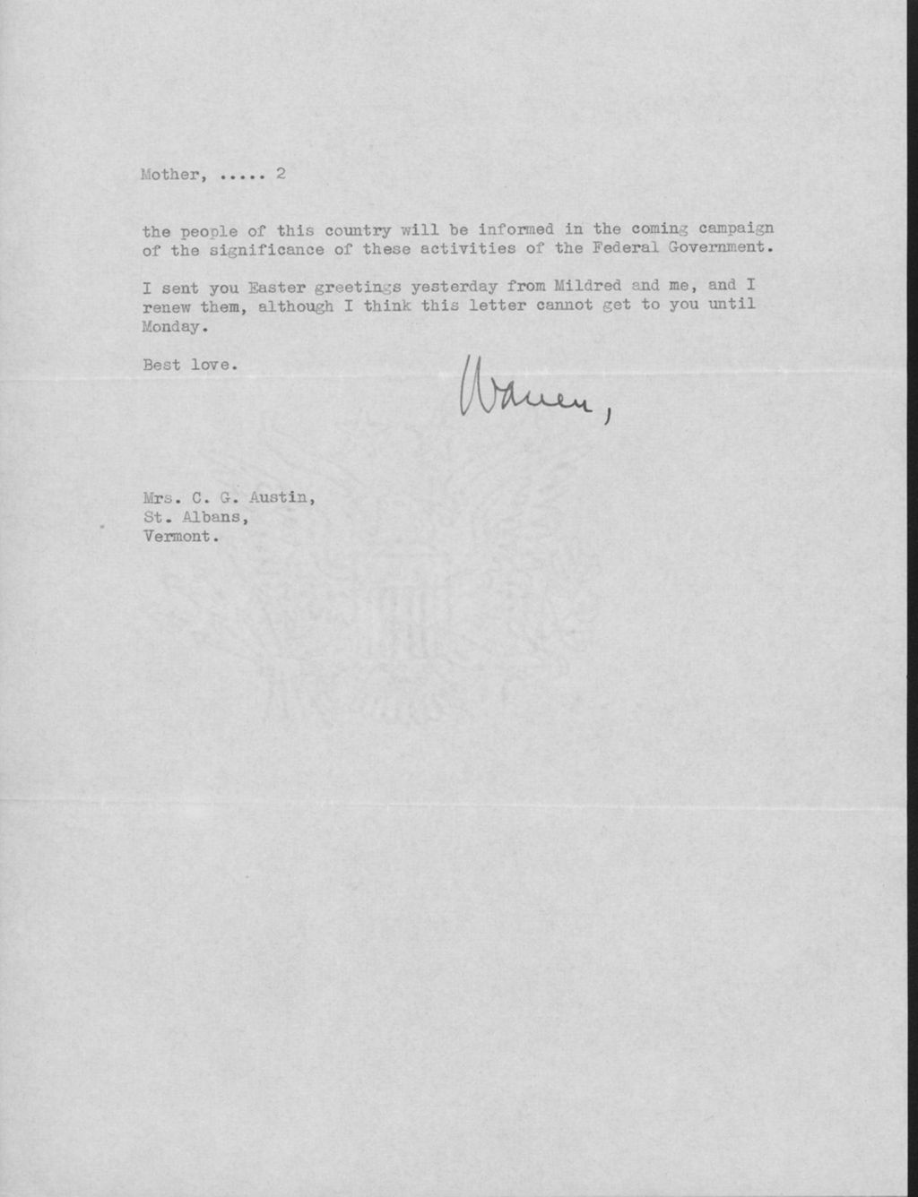 Miniature of Letter to Mrs. C.G. (Ann) Austin, March 23, 1940