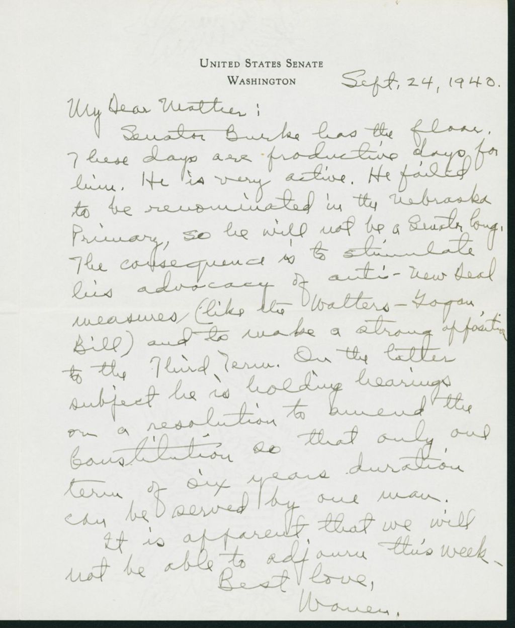 Miniature of Warren R. Austin letter to Mrs. C.G. (Ann) Austin, September 24, 1940