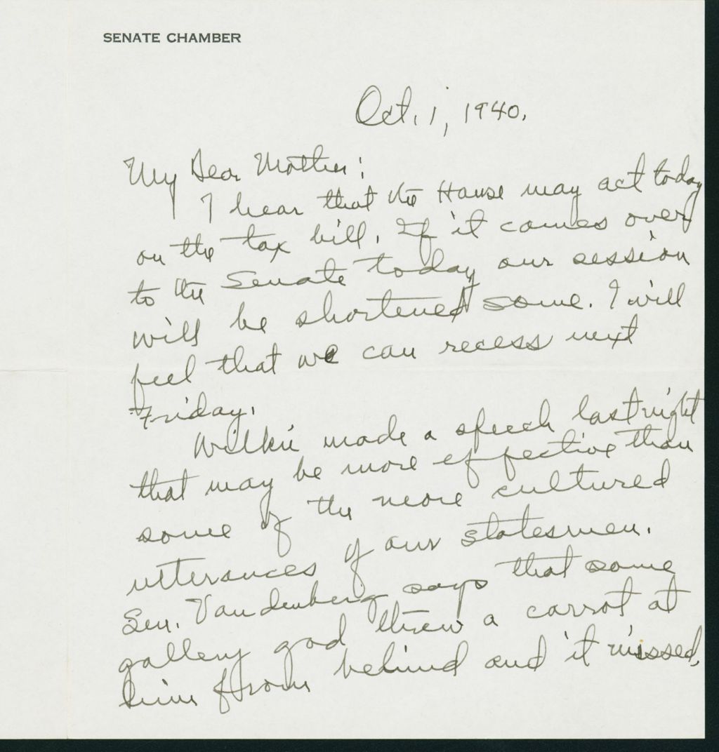 Miniature of Warren R. Austin letter to Mrs. C.G. (Ann) Austin, October 1, 1940