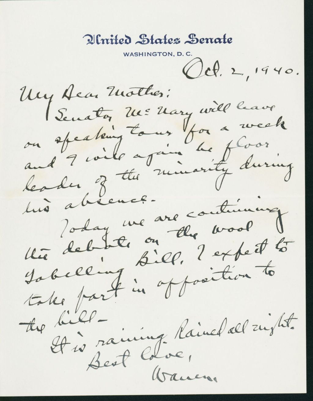 Miniature of Warren R. Austin letter to Mrs. C.G. (Ann) Austin, October 1, 1940