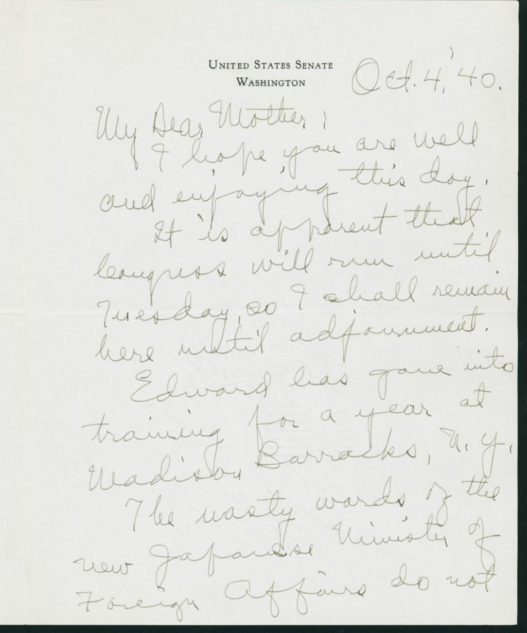 Miniature of Warren R. Austin letter to Mrs. C.G. (Ann) Austin, October 4, 1940