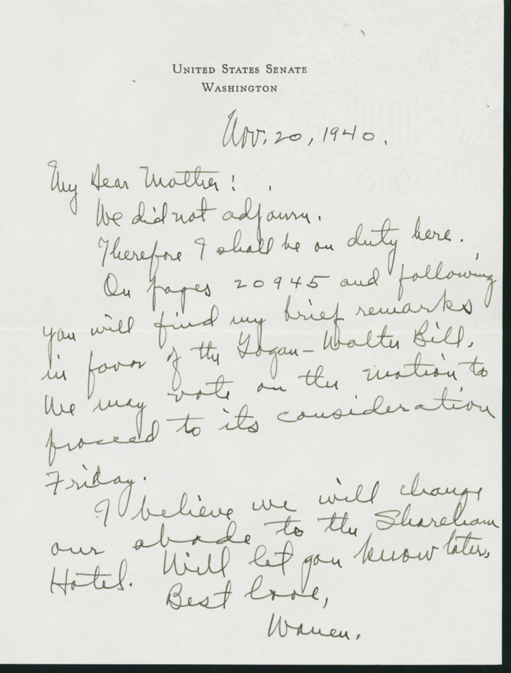 Miniature of Warren R. Austin letter to Mrs. C.G. (Ann) Austin, November 20, 1940