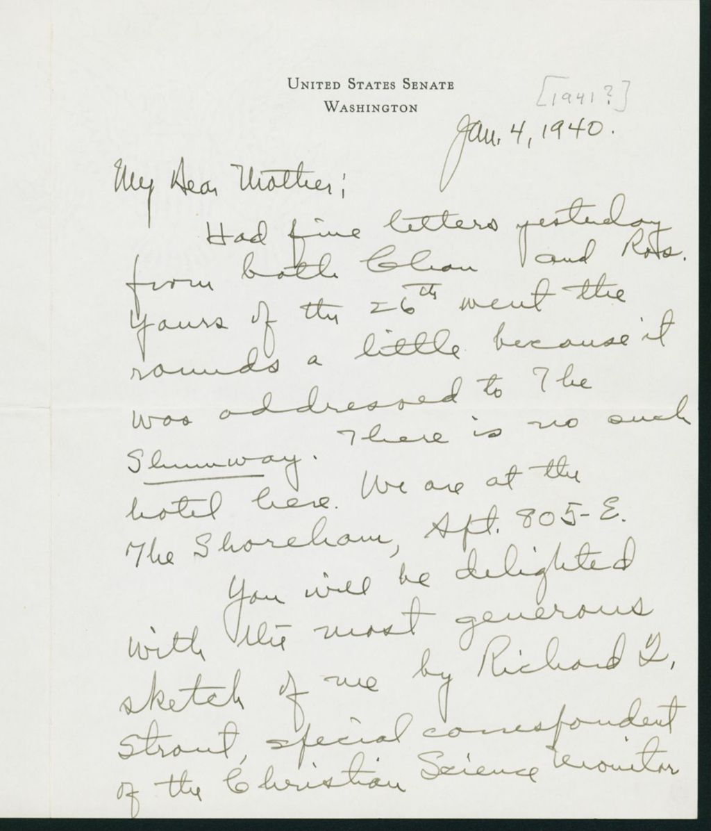 Miniature of Warren R. Austin letter to Mrs. C.G. (Ann) Austin, January 4, 1941