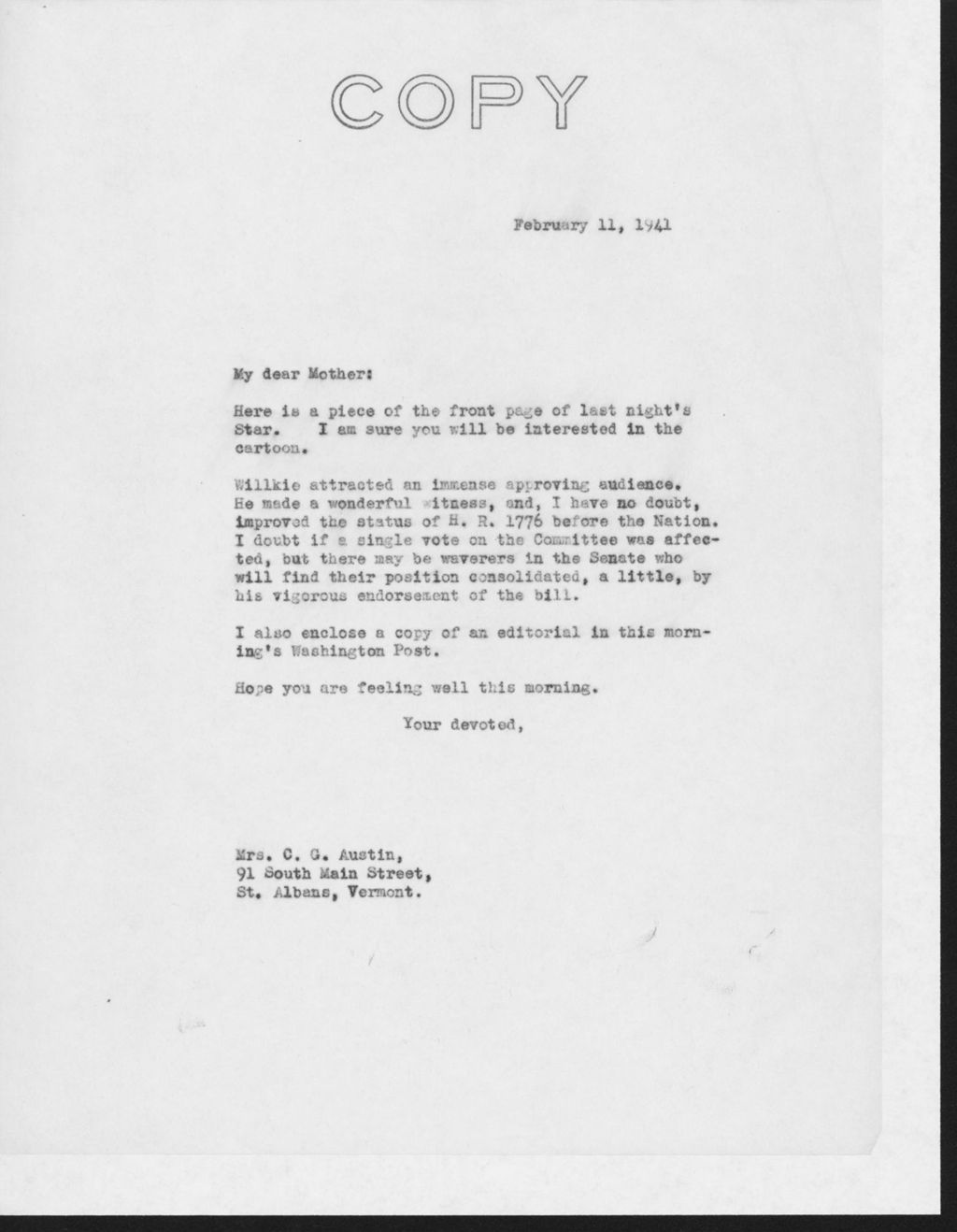 Miniature of Warren R. Austin letter to Mrs. C.G. (Ann) Austin, February 11, 1941