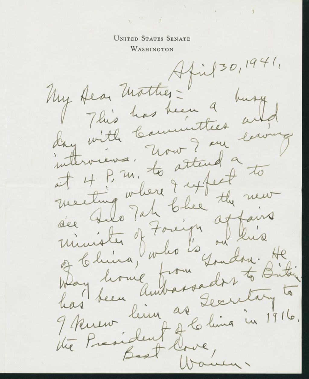 Miniature of Warren R. Austin letter to Mrs. C.G. (Ann) Austin, April 30, 1941