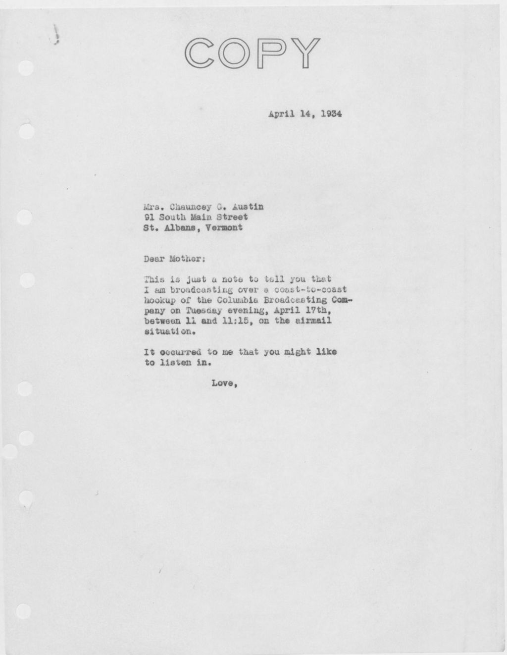 Miniature of Letter to Mrs. C.G. (Ann) Austin, April 14, 1934