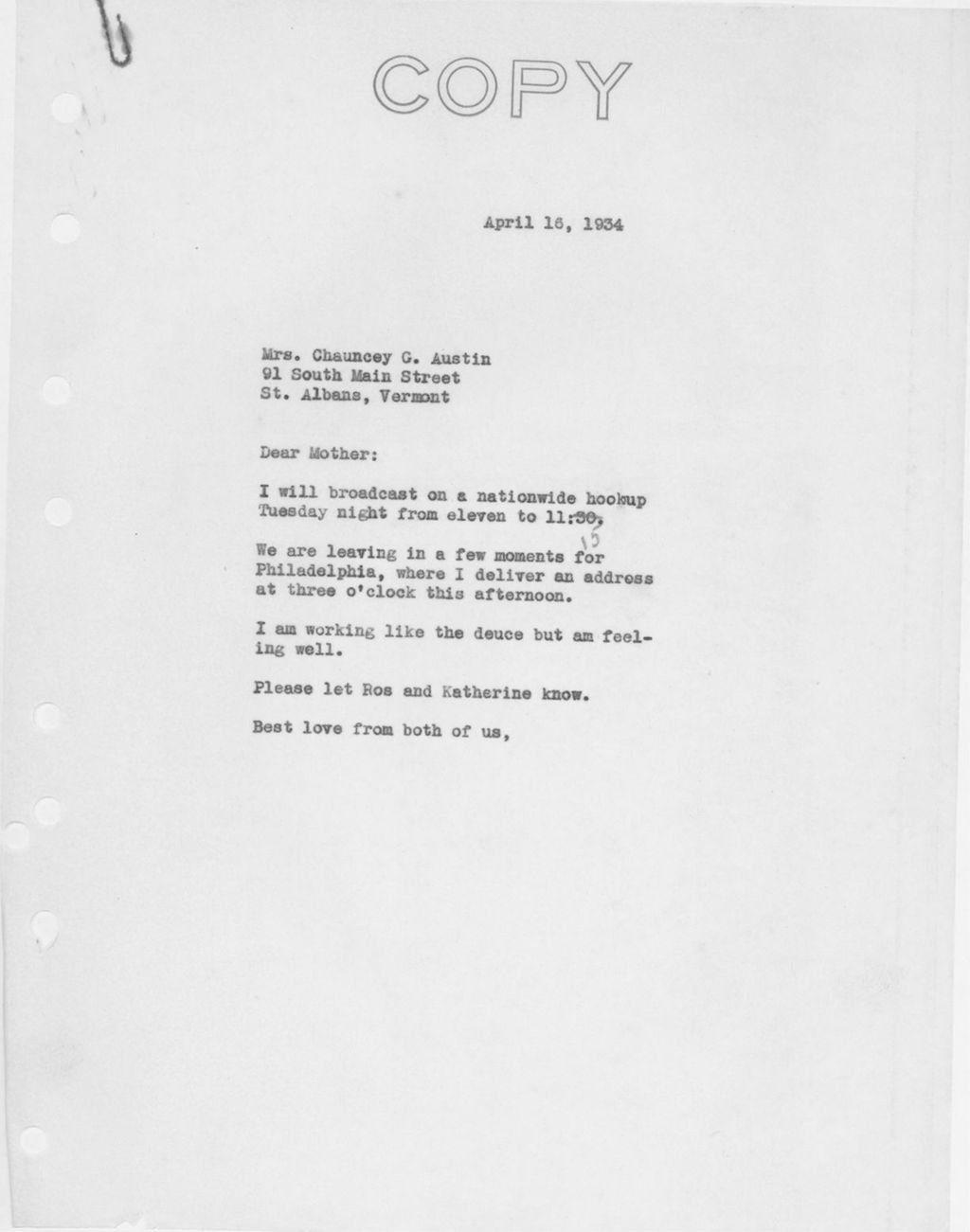 Miniature of Letter to Mrs. C.G. (Ann) Austin, April 16, 1934