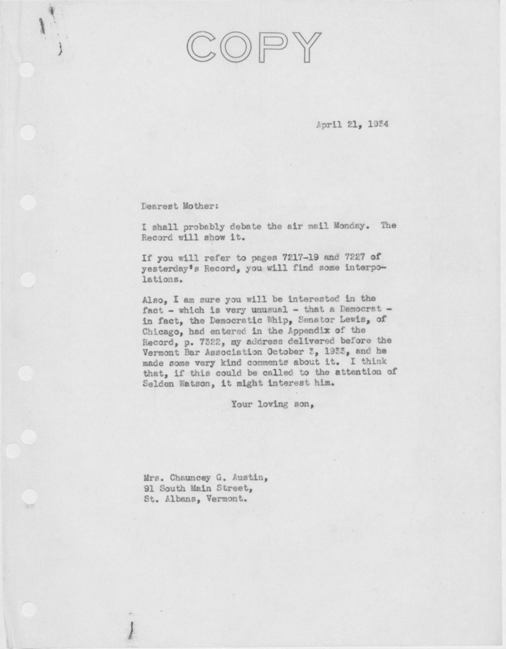 Miniature of Letter to Mrs. C.G. (Ann) Austin, April 21, 1934