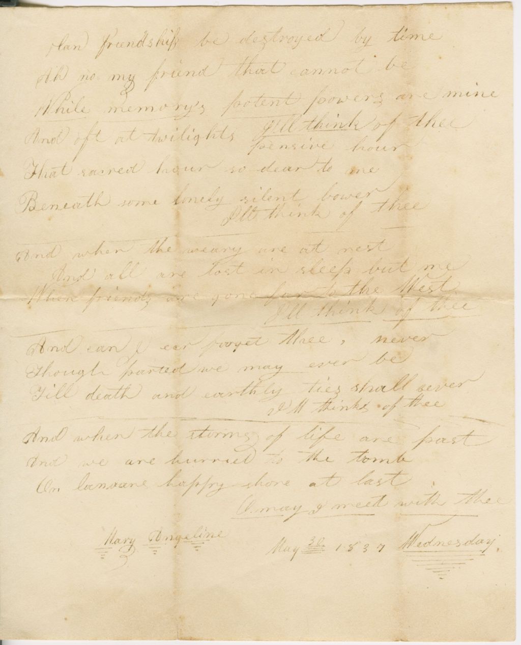 Miniature of Poem from Mary A. Johnson to Ruth Colton\, 1837 May 30