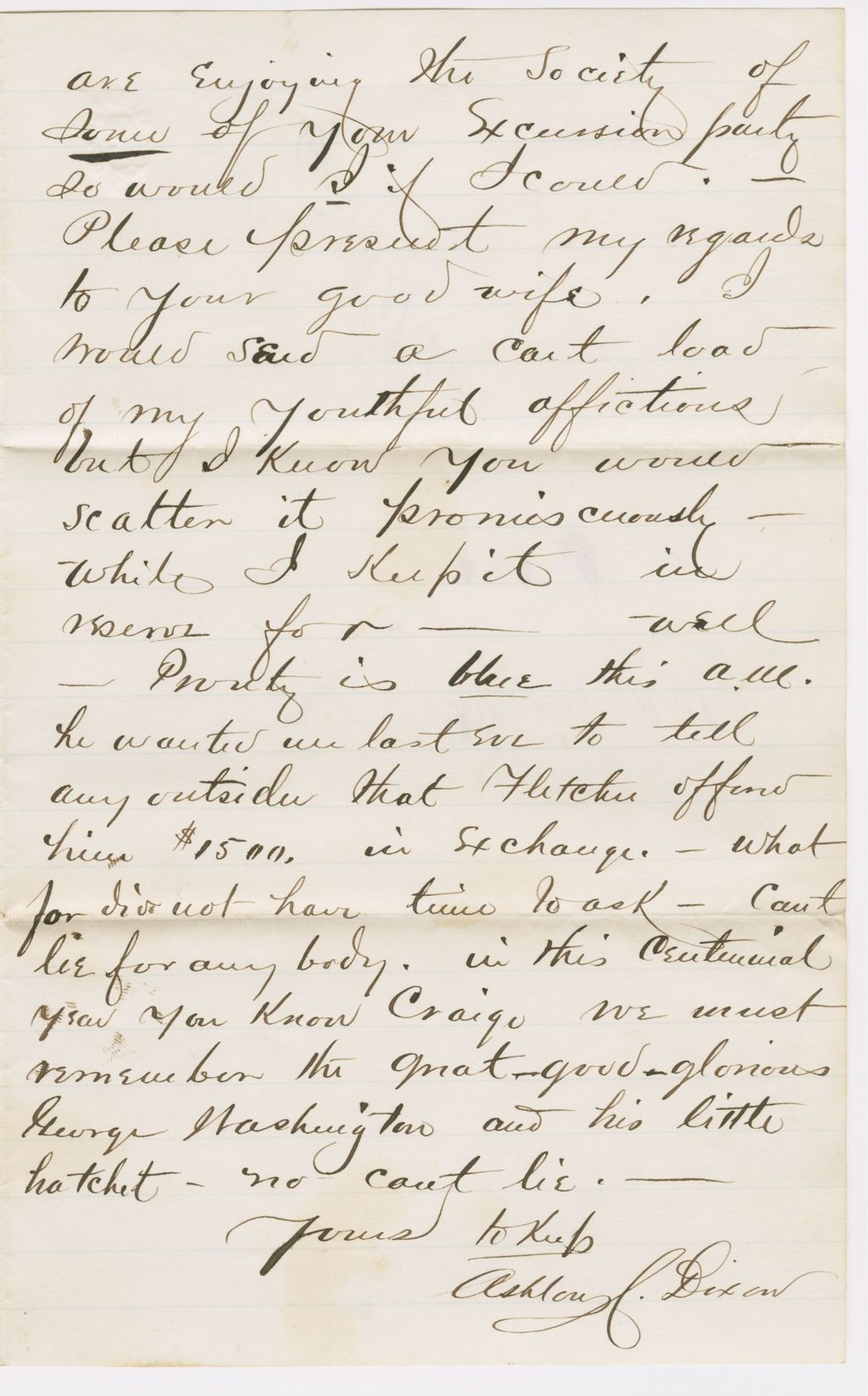 Miniature of Ashley Dixon to [Andrew Craig?] Fletcher\, 1876 August 4