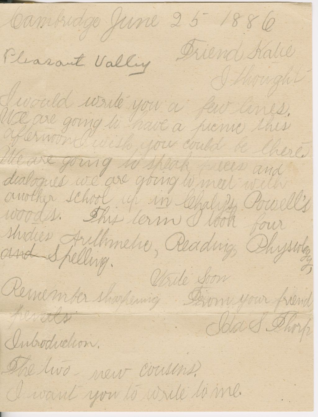 Miniature of Marion Cornell to Katherine Fletcher\, 1886 June 23 and Burton [s.n.] to Katherine Fletcher\, 1886 June 24 and Ida Thorp to Katherine Fletcher\, 1886 June 25