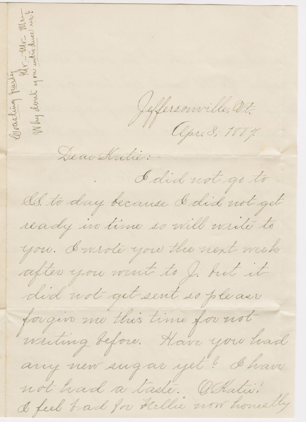 Miniature of Mamie Flagg to Katherine Fletcher\, [1887?] April 3